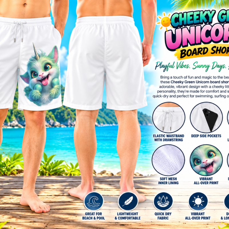 Cheeky Green Unicorn Board Shorts