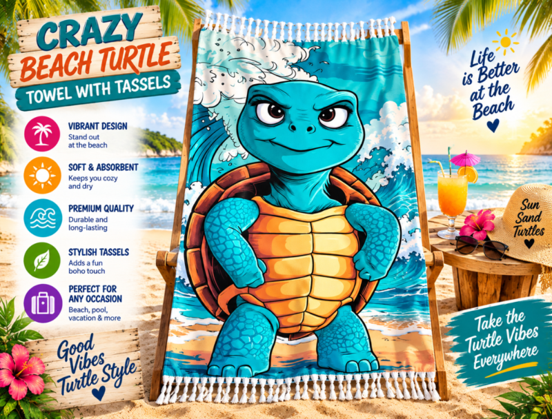 Crazy Beach Turtle Towel With Tassels