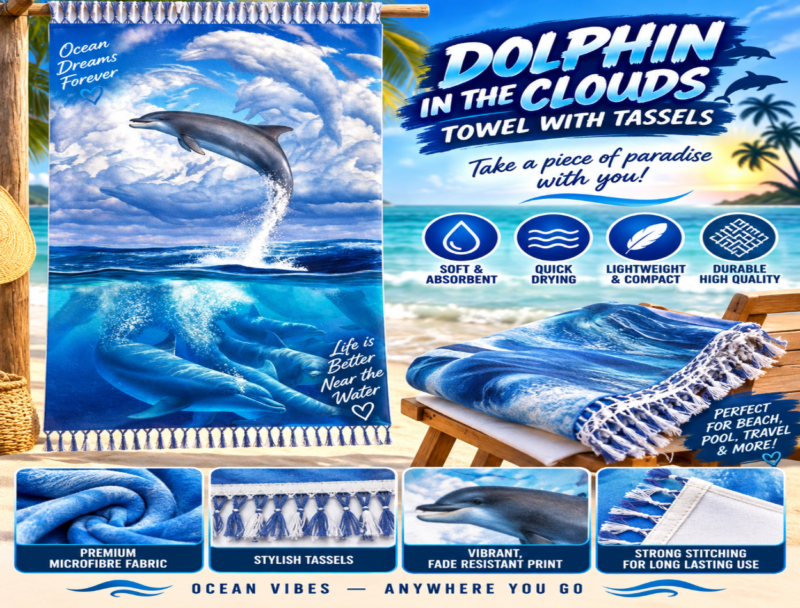 Dolphin In The Clouds Towel With Tassels