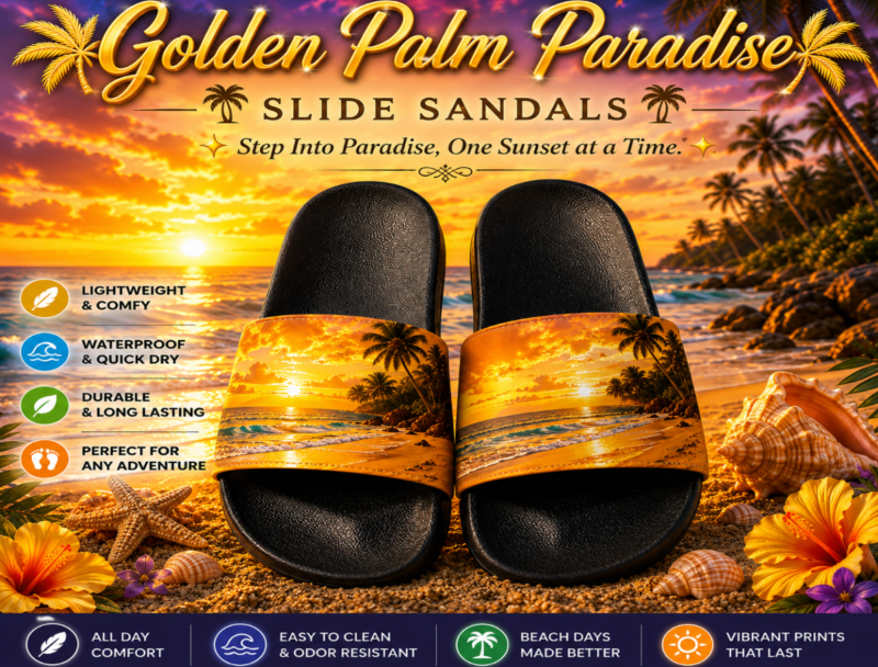 Golden Palm Paradise Slide Sandals - Black