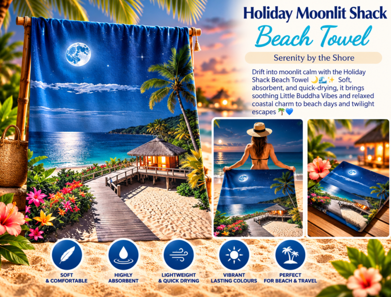Holiday Moonlit Shack Beach Towel