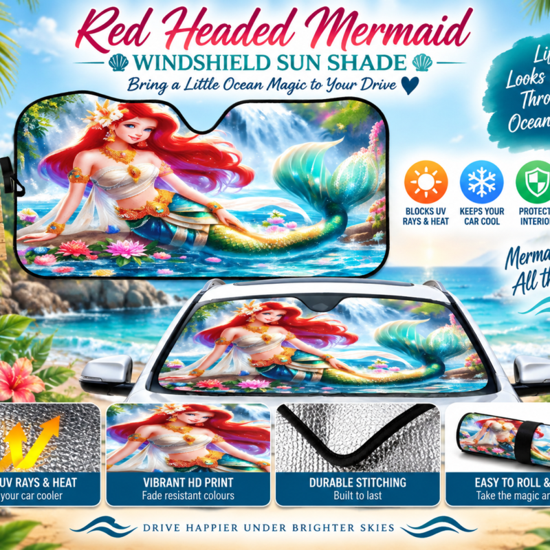 Red Headed Mermaid Windshield Sun Shade
