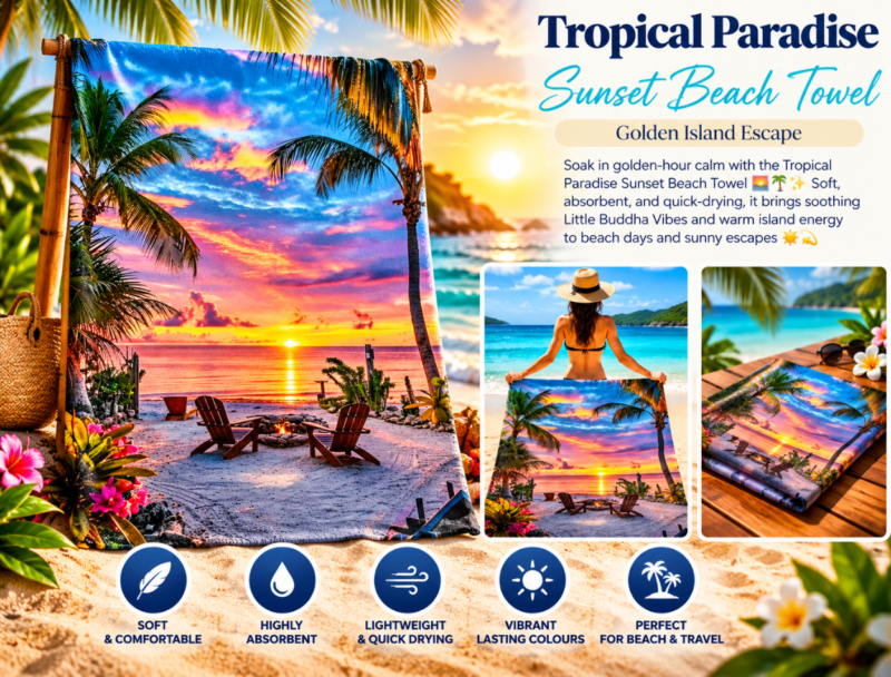 Tropical Paradise Sunset Beach Towel