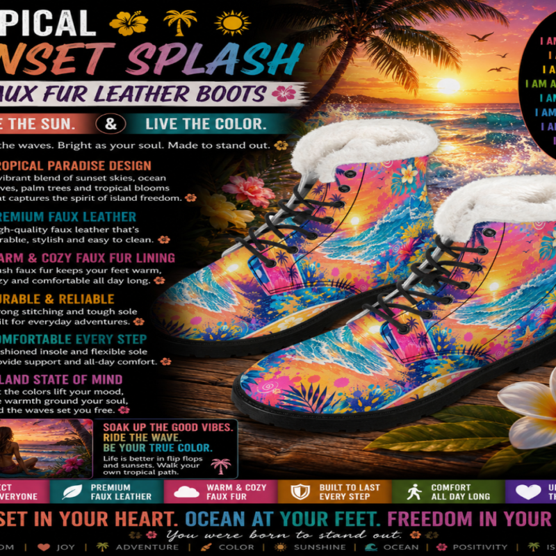 Tropical Sunset Splash Faux Fur Leather Boots