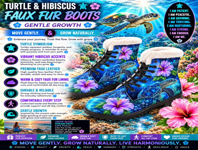 Turtle and Hibiscus Faux Fur Leather Boots